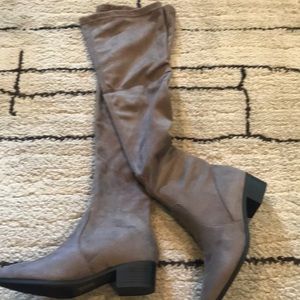 Thigh-high,  taupe/stone, suede boots.